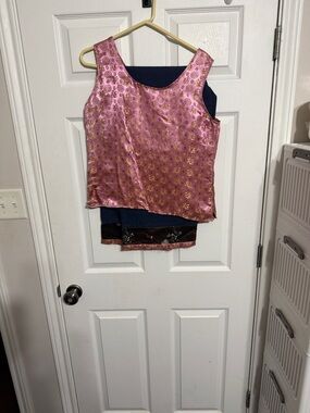 FRIENDS Pink Brocade Tank Top and Navy Pants Set